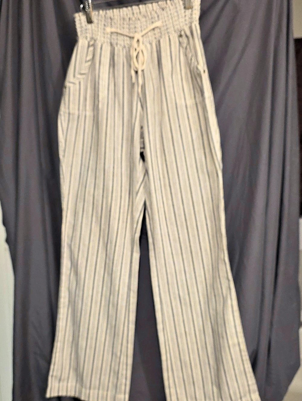 Ci Sono Linen Striped Pull-On Pants Wide Leg in Gray & White